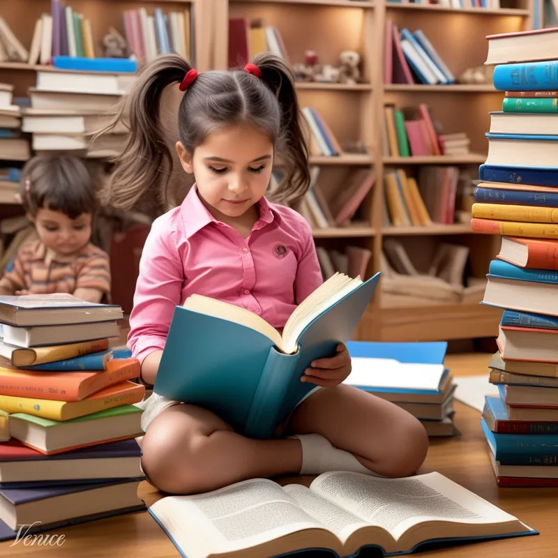 Ilustración de una niña explorando un libro en un rincón de lectura